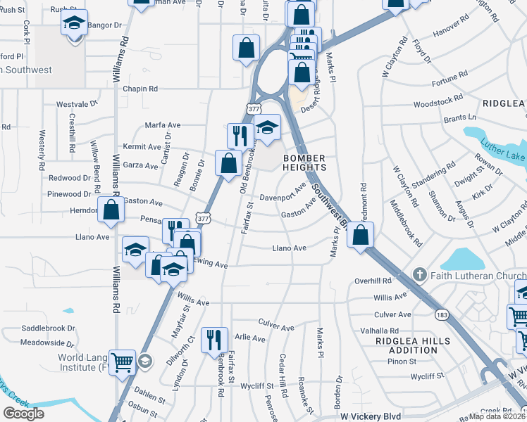 map of restaurants, bars, coffee shops, grocery stores, and more near 7421 Davenport Avenue in Fort Worth