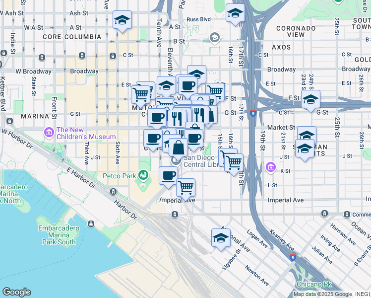 map of restaurants, bars, coffee shops, grocery stores, and more near 1225 Island Avenue in San Diego