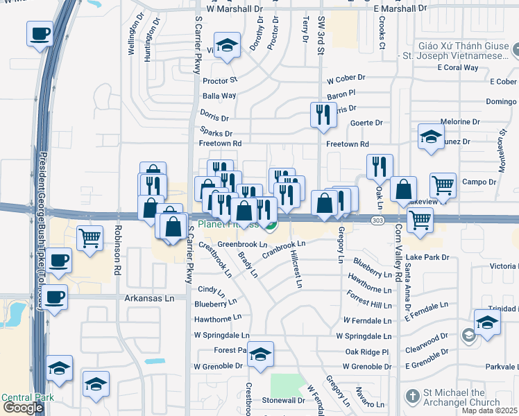 map of restaurants, bars, coffee shops, grocery stores, and more near 602 West Pioneer Parkway in Grand Prairie