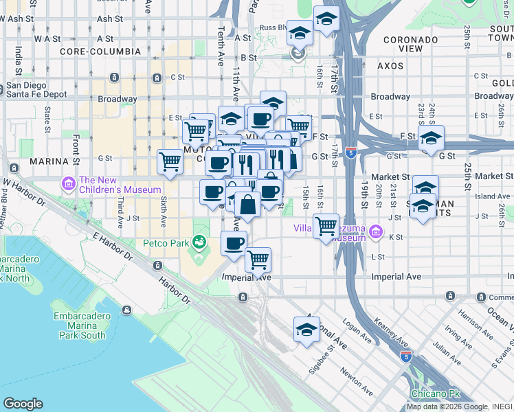 map of restaurants, bars, coffee shops, grocery stores, and more near 1225 Island Avenue in San Diego