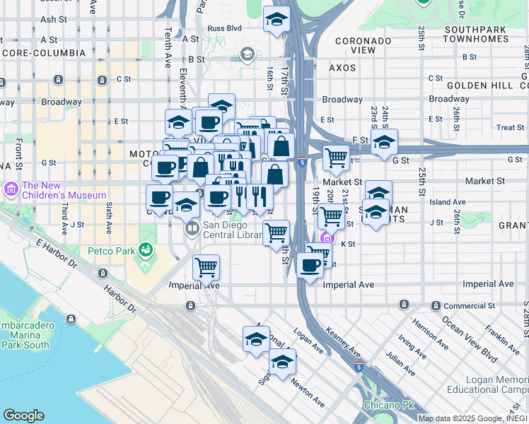 map of restaurants, bars, coffee shops, grocery stores, and more near 1501 Island Avenue in San Diego
