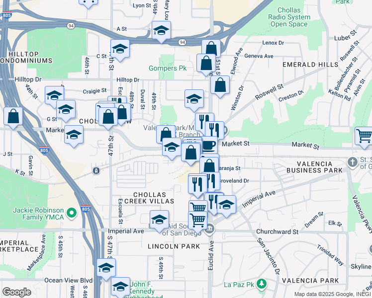 map of restaurants, bars, coffee shops, grocery stores, and more near 4981 Market Street in San Diego