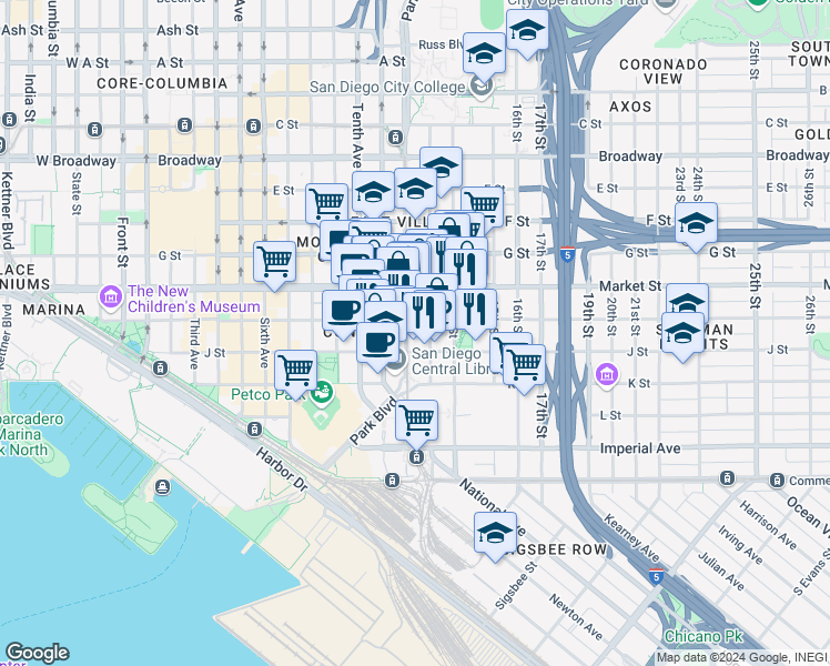 map of restaurants, bars, coffee shops, grocery stores, and more near in San Diego