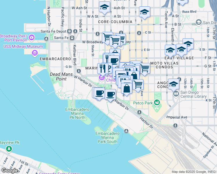 map of restaurants, bars, coffee shops, grocery stores, and more near 100 Island Avenue in San Diego