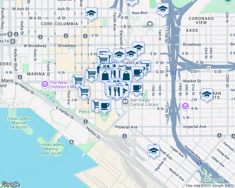 map of restaurants, bars, coffee shops, grocery stores, and more near 1025 Island Avenue in San Diego