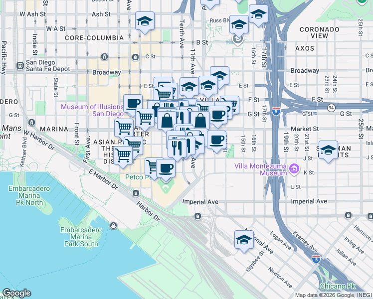 map of restaurants, bars, coffee shops, grocery stores, and more near 1025 Island Avenue in San Diego