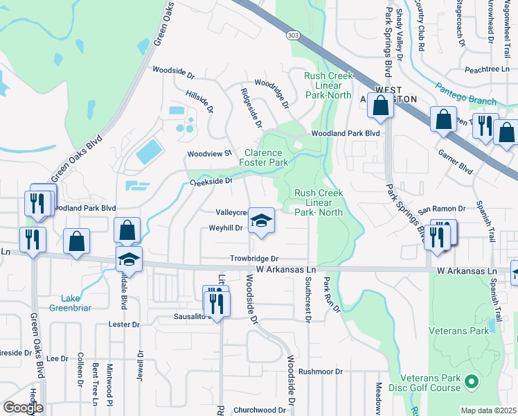 map of restaurants, bars, coffee shops, grocery stores, and more near 2111 Woodside Drive in Arlington