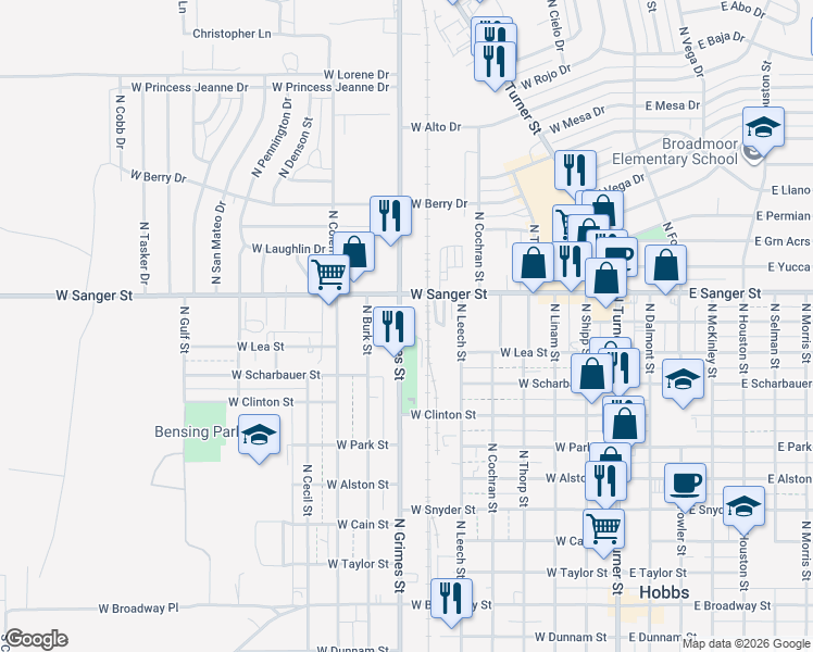 map of restaurants, bars, coffee shops, grocery stores, and more near 720 North Grimes Street in Hobbs