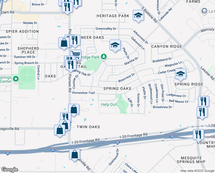 map of restaurants, bars, coffee shops, grocery stores, and more near 14223 Cimarron Drive in Balch Springs