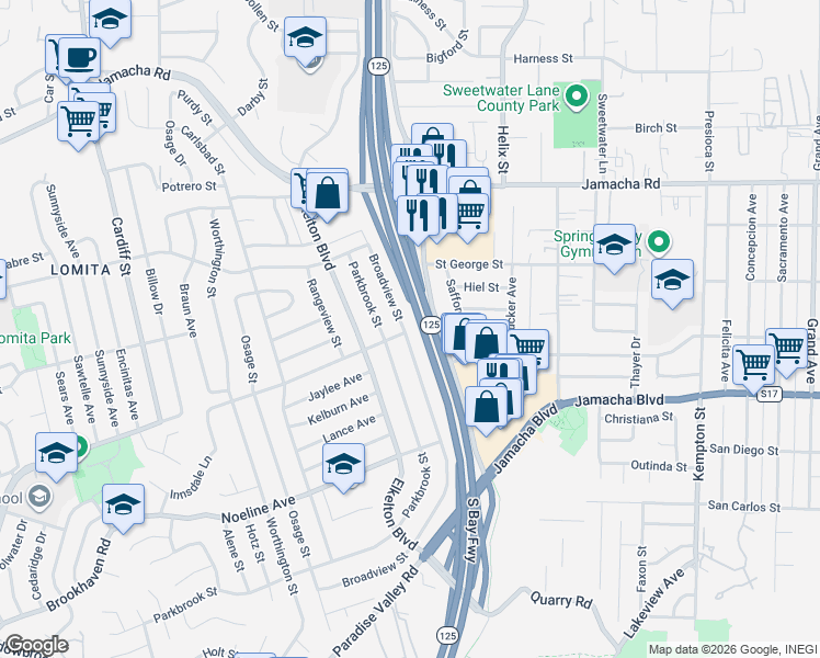 map of restaurants, bars, coffee shops, grocery stores, and more near 819 Broadview Street in Spring Valley