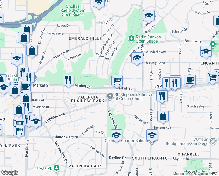 map of restaurants, bars, coffee shops, grocery stores, and more near 5798 Market Street in San Diego