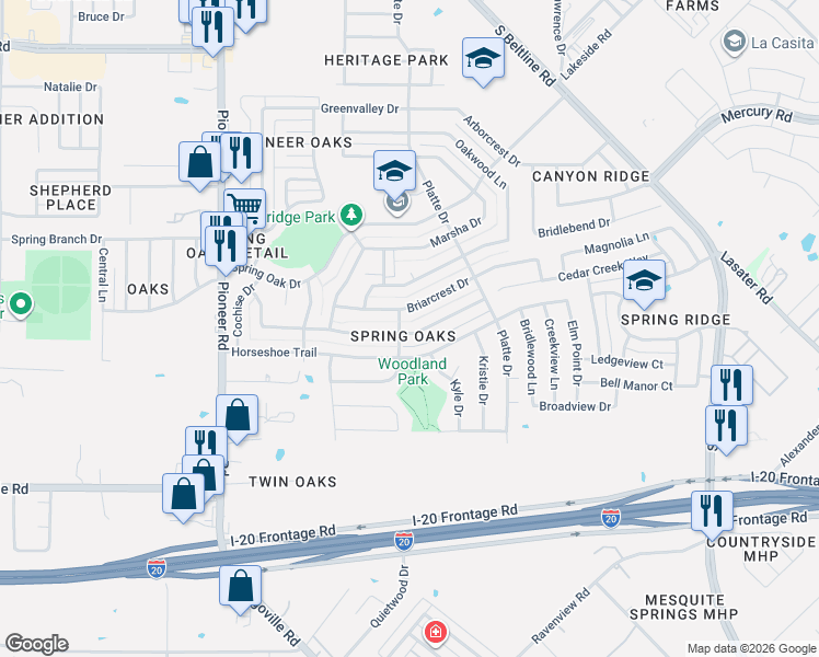 map of restaurants, bars, coffee shops, grocery stores, and more near 14407 Cimarron Drive in Balch Springs