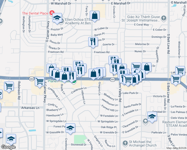 map of restaurants, bars, coffee shops, grocery stores, and more near 2345 Southwest 3rd Street in Grand Prairie