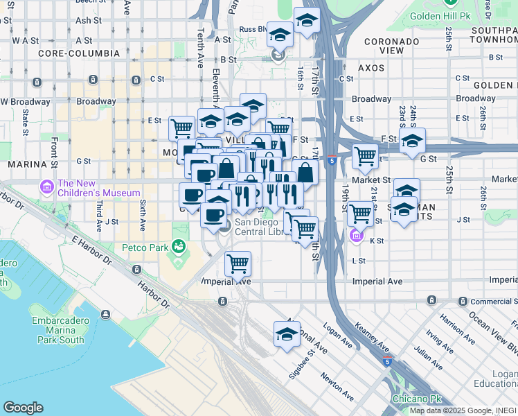 map of restaurants, bars, coffee shops, grocery stores, and more near 454 14th Street in San Diego