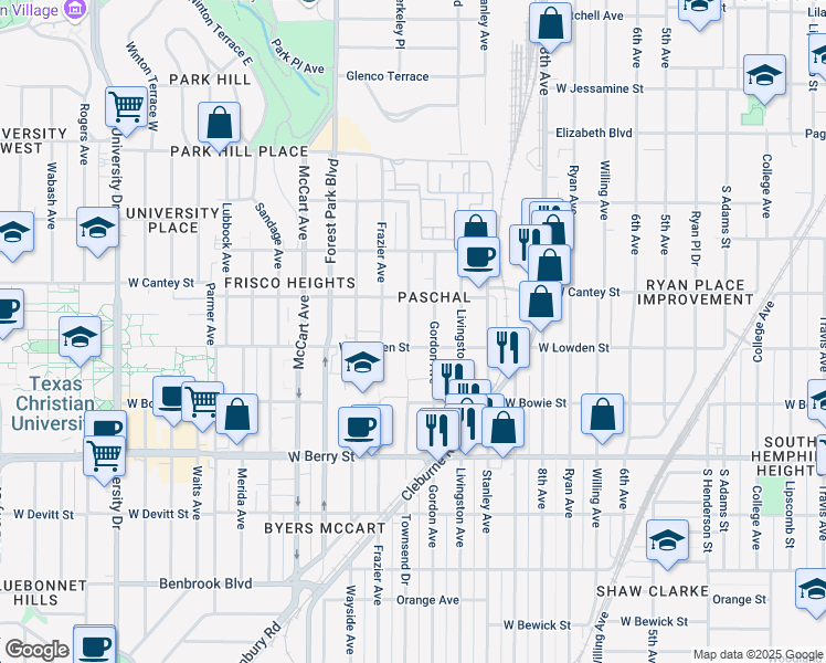 map of restaurants, bars, coffee shops, grocery stores, and more near 2829 Townsend Drive in Fort Worth
