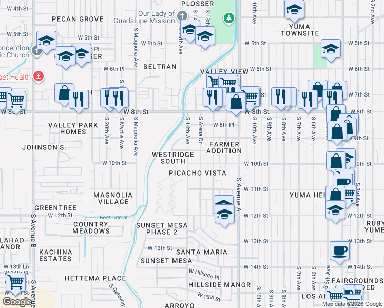 map of restaurants, bars, coffee shops, grocery stores, and more near 1480 West 9th Place in Yuma