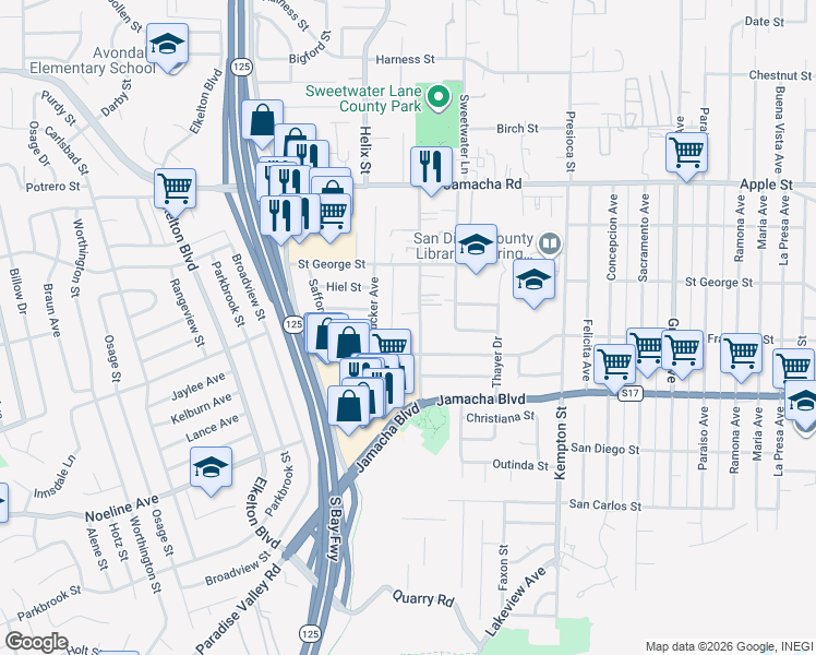 map of restaurants, bars, coffee shops, grocery stores, and more near 930 Gillespie Drive in Spring Valley