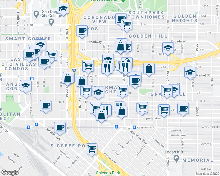 map of restaurants, bars, coffee shops, grocery stores, and more near 2403 Island Avenue in San Diego
