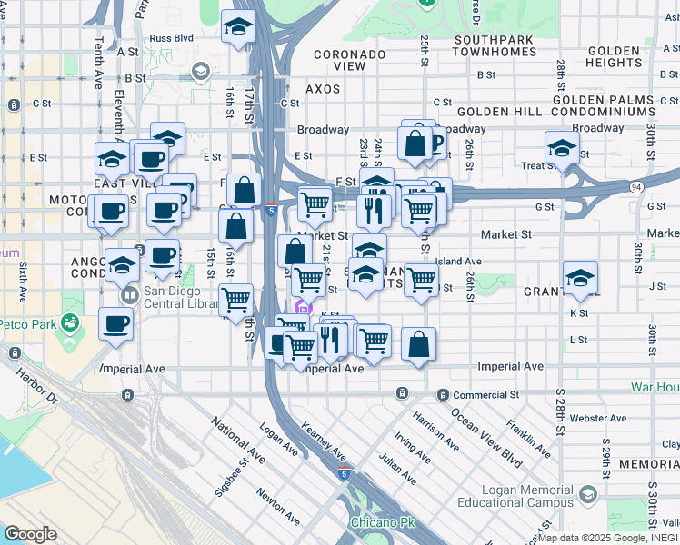 map of restaurants, bars, coffee shops, grocery stores, and more near 2200 Island Avenue in San Diego