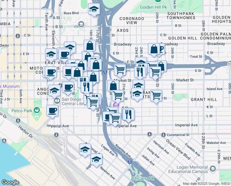 map of restaurants, bars, coffee shops, grocery stores, and more near 2017 Island Avenue in San Diego