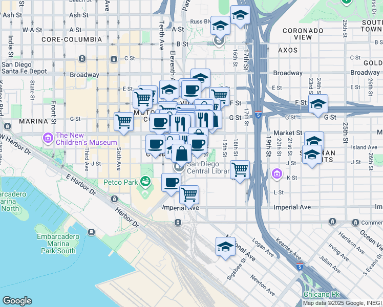 map of restaurants, bars, coffee shops, grocery stores, and more near in San Diego