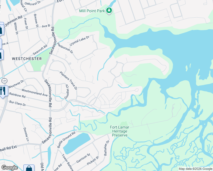 map of restaurants, bars, coffee shops, grocery stores, and more near 126 Oak Turn Road in Charleston
