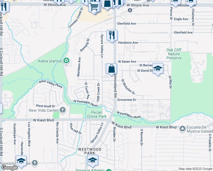 map of restaurants, bars, coffee shops, grocery stores, and more near 3012 Cliff Creek Drive in Dallas