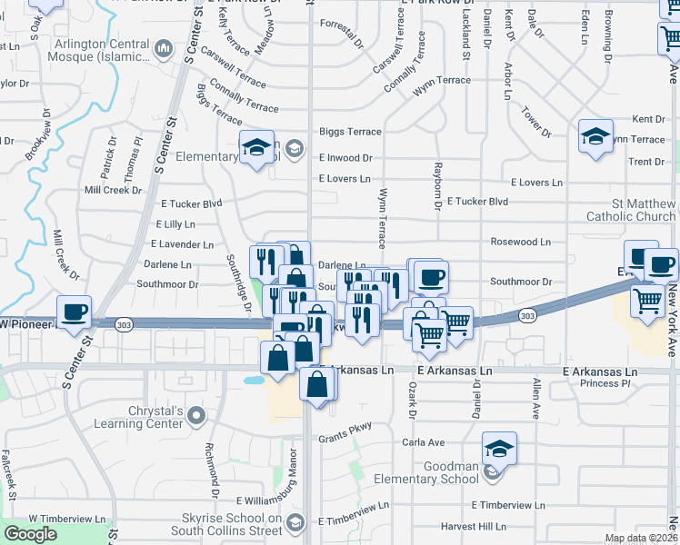 map of restaurants, bars, coffee shops, grocery stores, and more near 909 Darlene Lane in Arlington