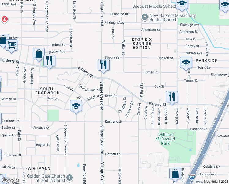 map of restaurants, bars, coffee shops, grocery stores, and more near 3612 Ruthann Drive in Fort Worth