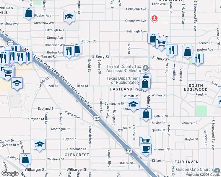 map of restaurants, bars, coffee shops, grocery stores, and more near 3717 Reed Street in Fort Worth