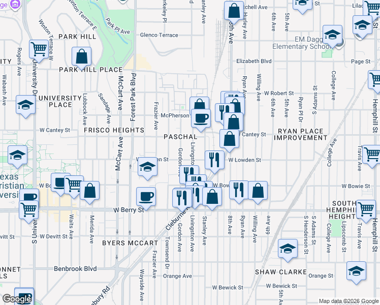 map of restaurants, bars, coffee shops, grocery stores, and more near 2817 Livingston Avenue in Fort Worth