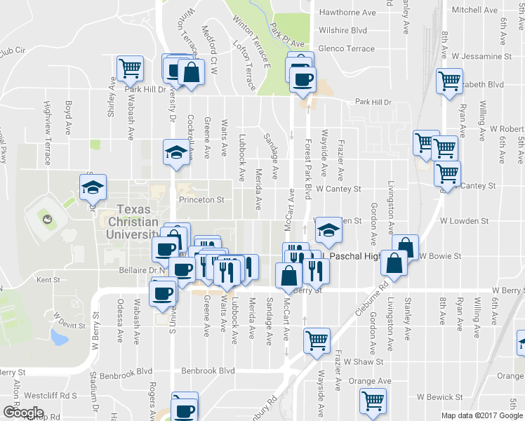 map of restaurants, bars, coffee shops, grocery stores, and more near 2816 Sandage Avenue in Fort Worth