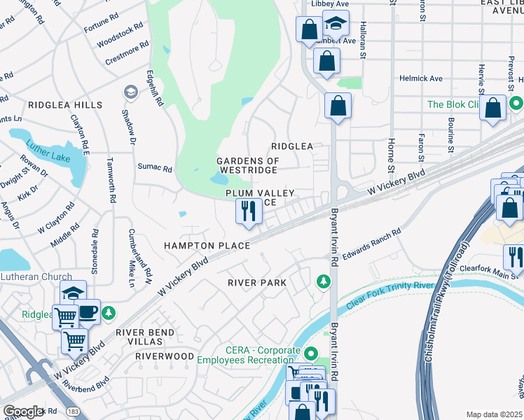 map of restaurants, bars, coffee shops, grocery stores, and more near 6125 Plum Valley Place in Fort Worth