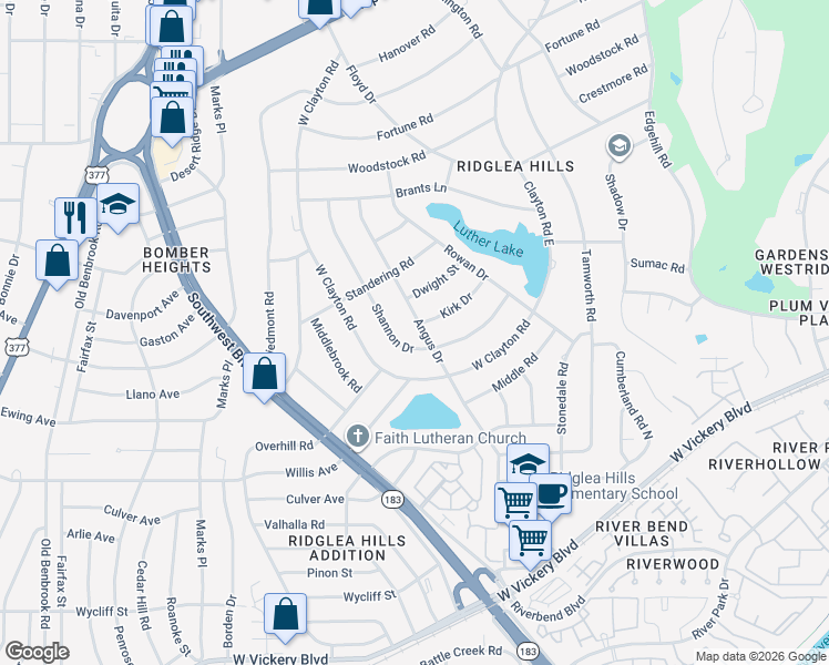 map of restaurants, bars, coffee shops, grocery stores, and more near 4120 Angus Drive in Fort Worth