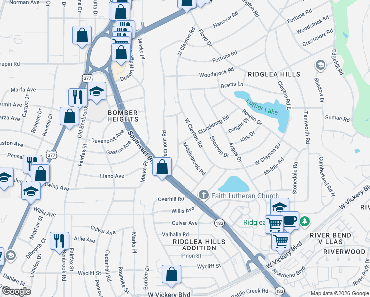 map of restaurants, bars, coffee shops, grocery stores, and more near 4101 Middlebrook Road in Fort Worth
