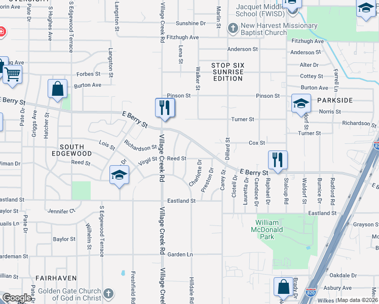 map of restaurants, bars, coffee shops, grocery stores, and more near 3612 Ruthann Drive in Fort Worth