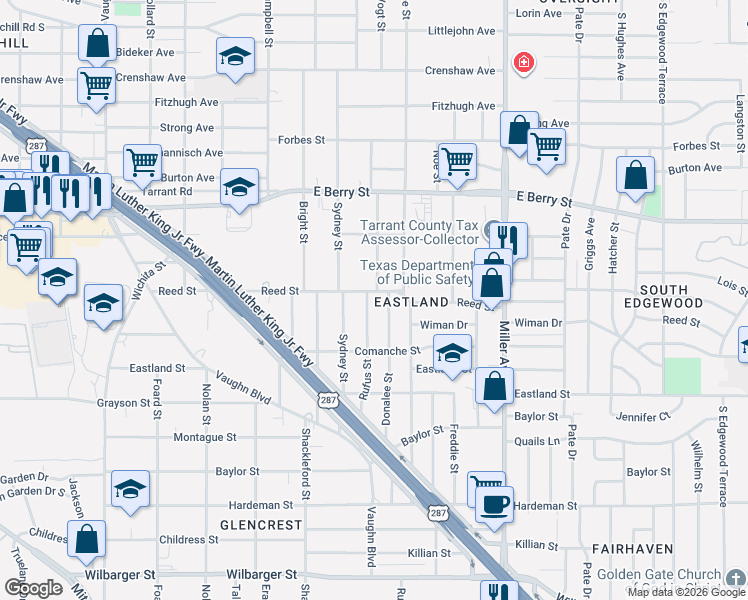 map of restaurants, bars, coffee shops, grocery stores, and more near 3717 Reed Street in Fort Worth