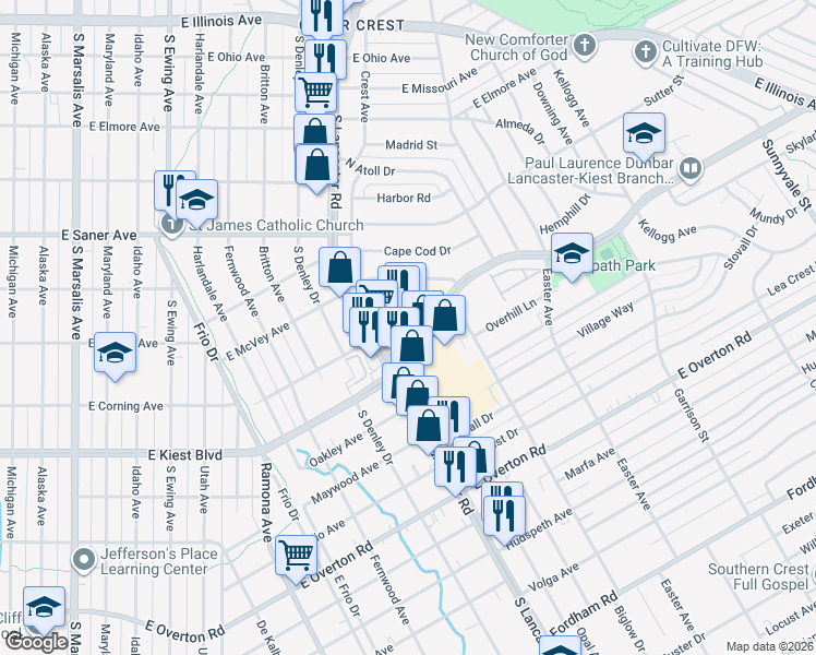 map of restaurants, bars, coffee shops, grocery stores, and more near 1539 East Kiest Boulevard in Dallas
