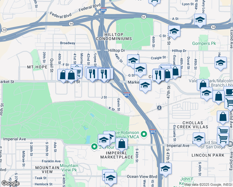 map of restaurants, bars, coffee shops, grocery stores, and more near 418 Gavin Street in San Diego