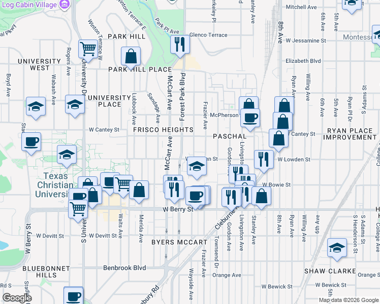 map of restaurants, bars, coffee shops, grocery stores, and more near 2828 Wayside Avenue in Fort Worth