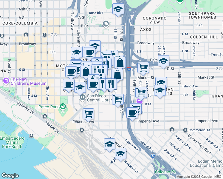 map of restaurants, bars, coffee shops, grocery stores, and more near 1501 Island Avenue in San Diego