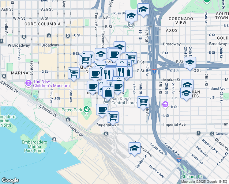 map of restaurants, bars, coffee shops, grocery stores, and more near 454 13th Street in San Diego