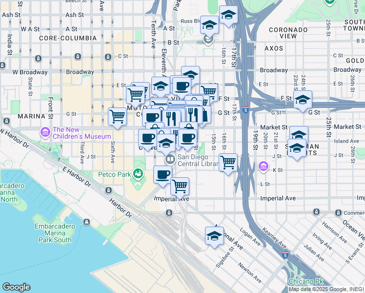 map of restaurants, bars, coffee shops, grocery stores, and more near 454 13th Street in San Diego