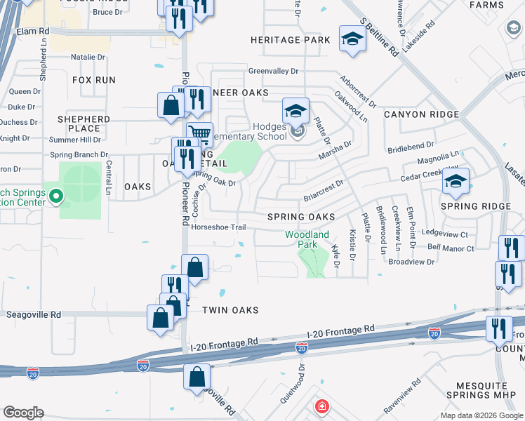 map of restaurants, bars, coffee shops, grocery stores, and more near 14207 Cimarron Drive in Balch Springs