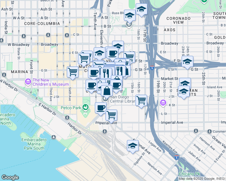 map of restaurants, bars, coffee shops, grocery stores, and more near 454 13th Street in San Diego