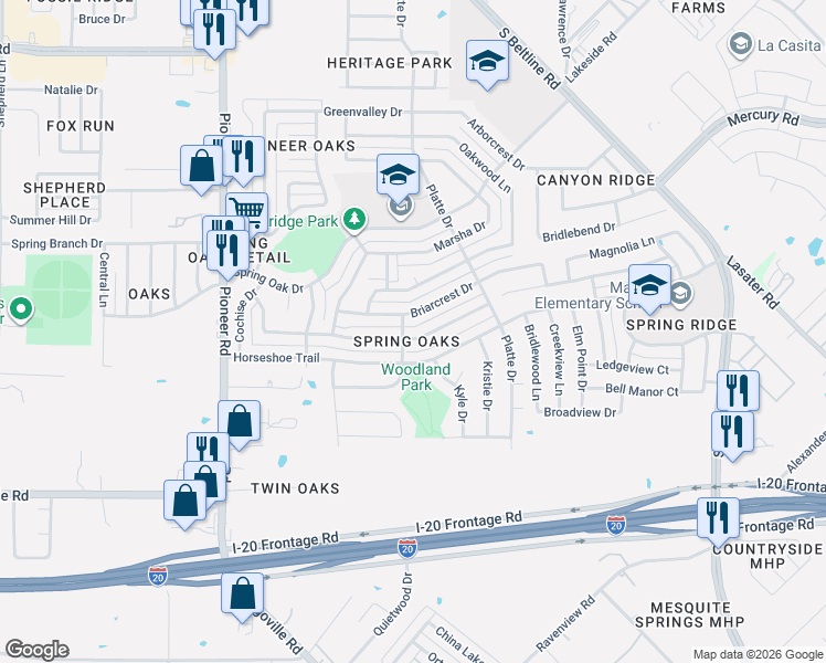 map of restaurants, bars, coffee shops, grocery stores, and more near in Balch Springs