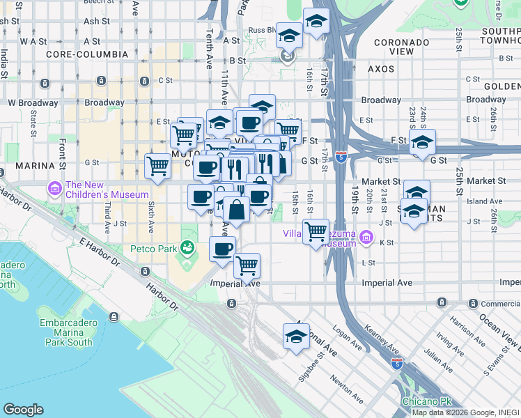 map of restaurants, bars, coffee shops, grocery stores, and more near in San Diego
