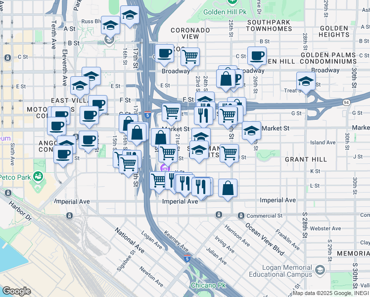 map of restaurants, bars, coffee shops, grocery stores, and more near 2200 Island Avenue in San Diego