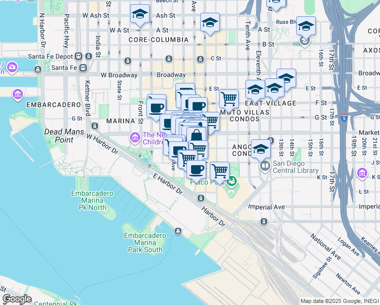map of restaurants, bars, coffee shops, grocery stores, and more near 445 Island Avenue in San Diego