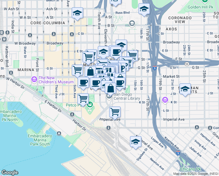 map of restaurants, bars, coffee shops, grocery stores, and more near 1155 Island Avenue in San Diego